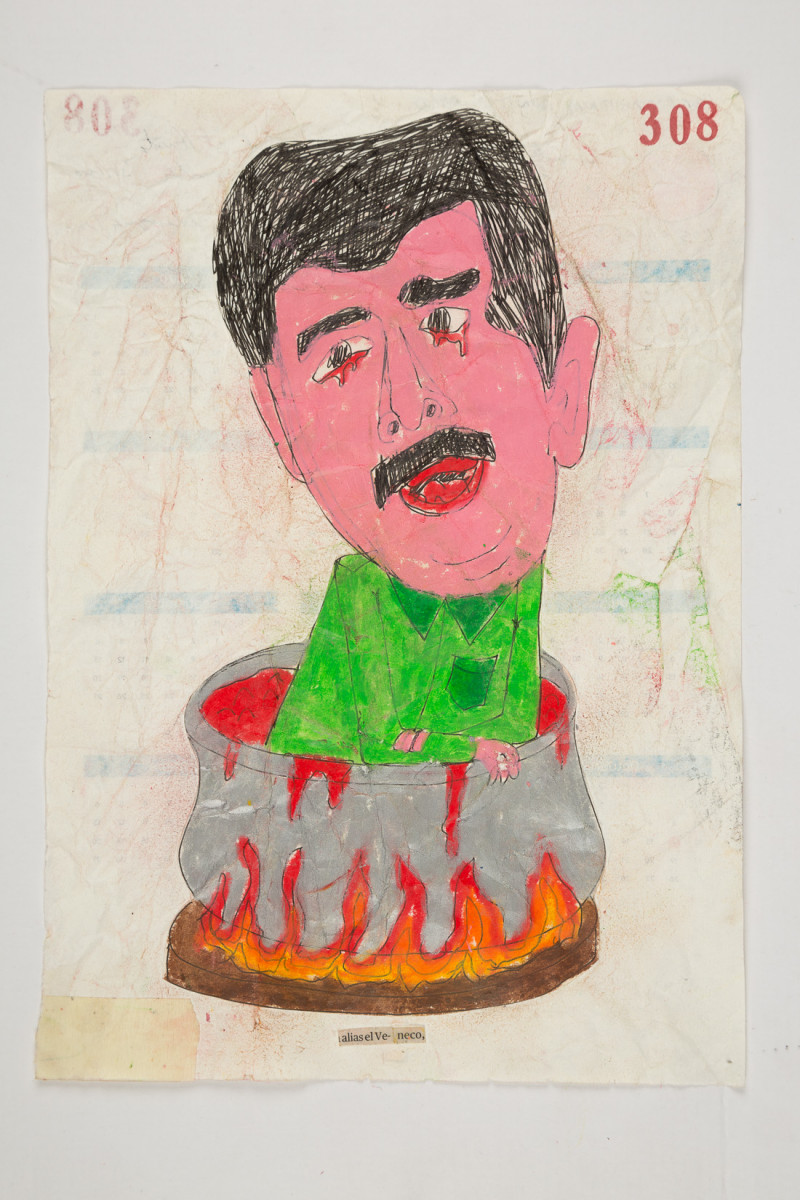 Camilo Restrepo. <em>Veneco</em>, 2021. Water-soluble wax pastel, ink, tape and saliva on paper 11 3/4 x 8 1/4 inches (29.8 x 21 cm)