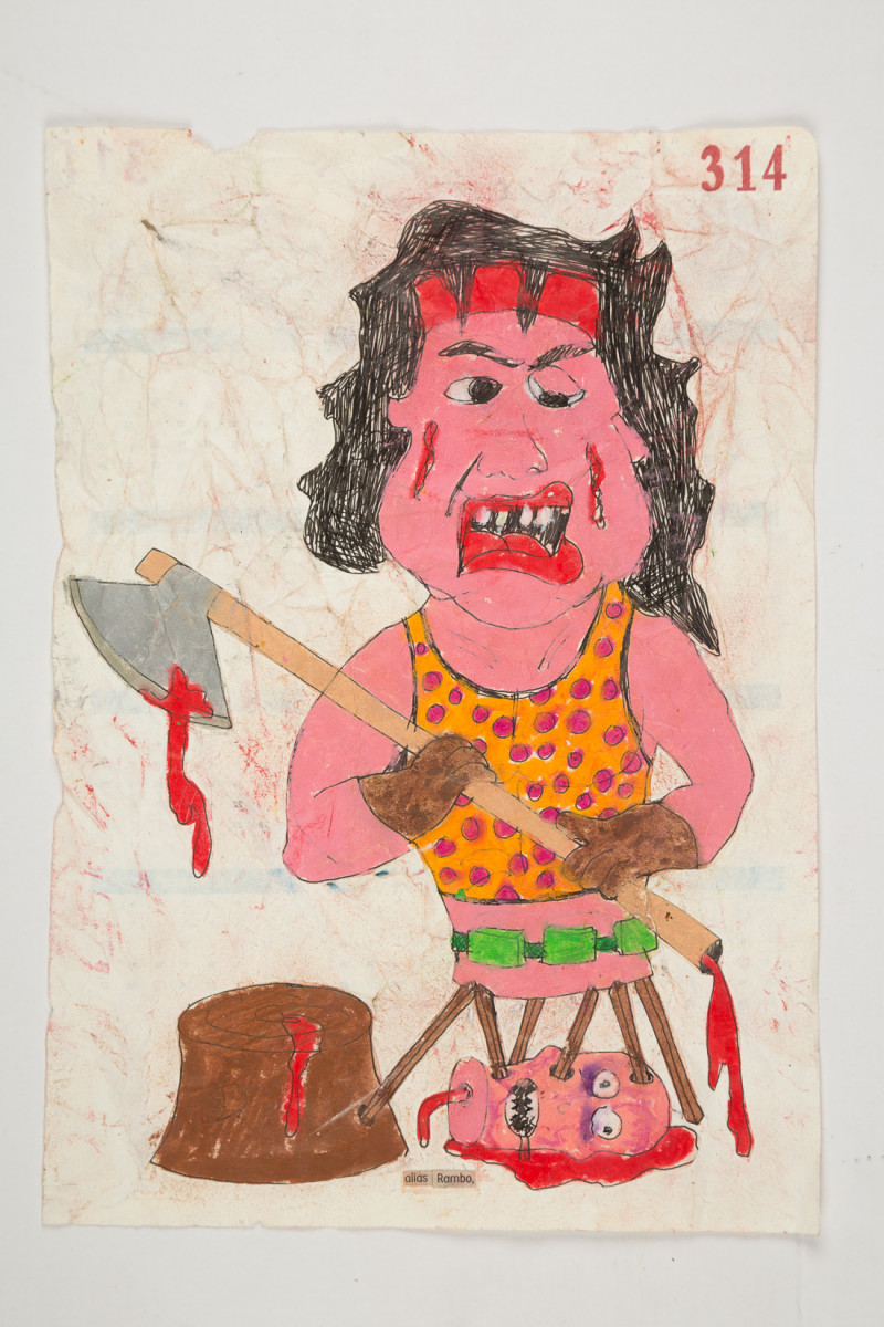 Camilo Restrepo. <em>Rambo</em>, 2021. Water-soluble wax pastel, ink, tape and saliva on paper 11 3/4 x 8 1/4 inches (29.8 x 21 cm)