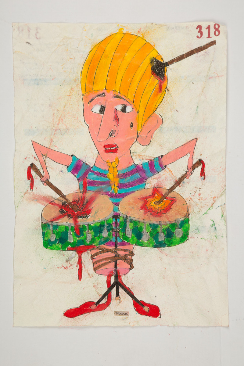 Camilo Restrepo. <em>Macoco</em>, 2021. Water-soluble wax pastel, ink, tape and saliva on paper 11 3/4 x 8 1/4 inches (29.8 x 21 cm)