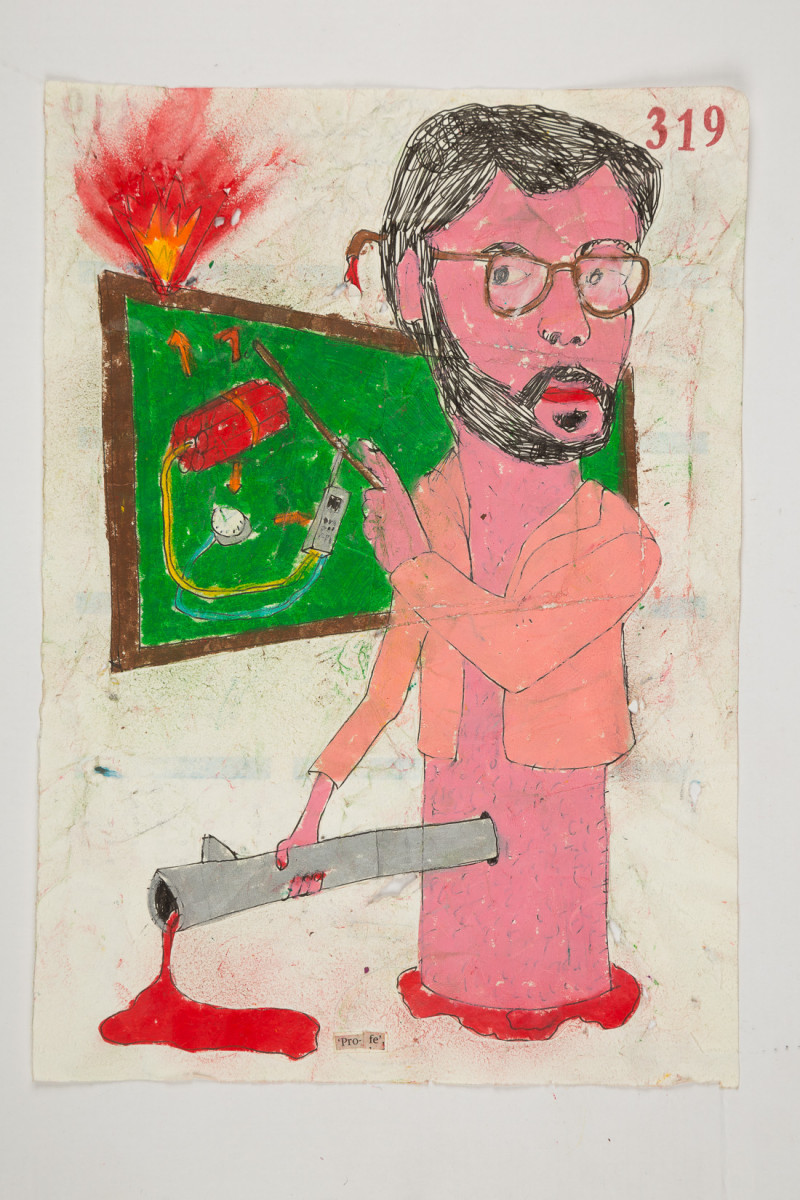 Camilo Restrepo. <em>Profe</em>, 2021. Water-soluble wax pastel, ink, tape and saliva on paper 11 3/4 x 8 1/4 inches (29.8 x 21 cm)