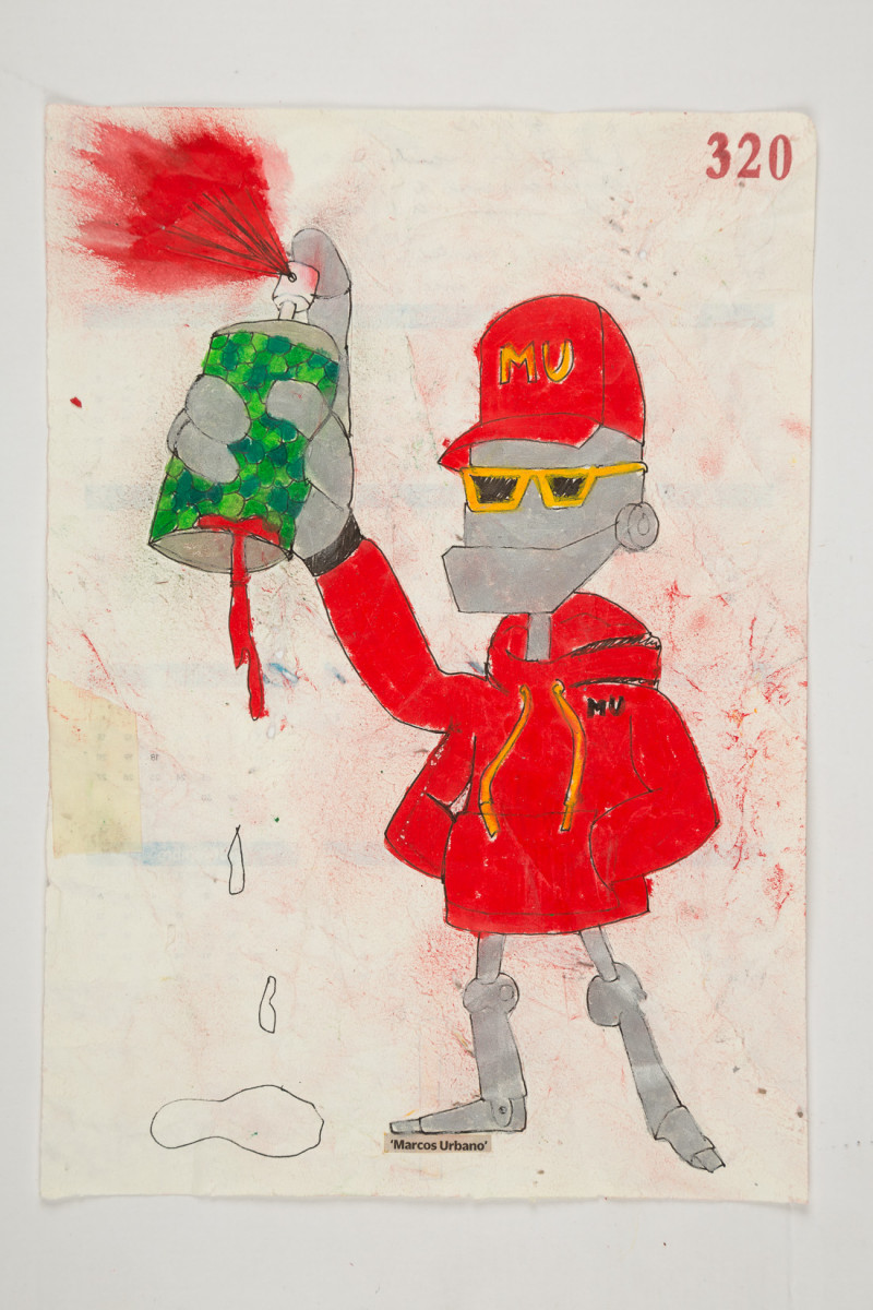 Camilo Restrepo. <em>Marcos Urbano</em>, 2021. Water-soluble wax pastel, ink, tape and saliva on paper 11 3/4 x 8 1/4 inches (29.8 x 21 cm)