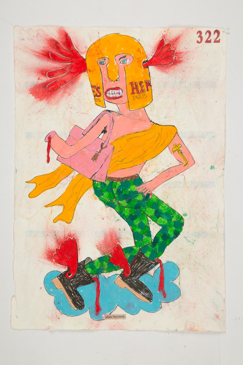 Camilo Restrepo. <em>Hermes</em>, 2021. Water-soluble wax pastel, ink, tape and saliva on paper 11 3/4 x 8 1/4 inches (29.8 x 21 cm)