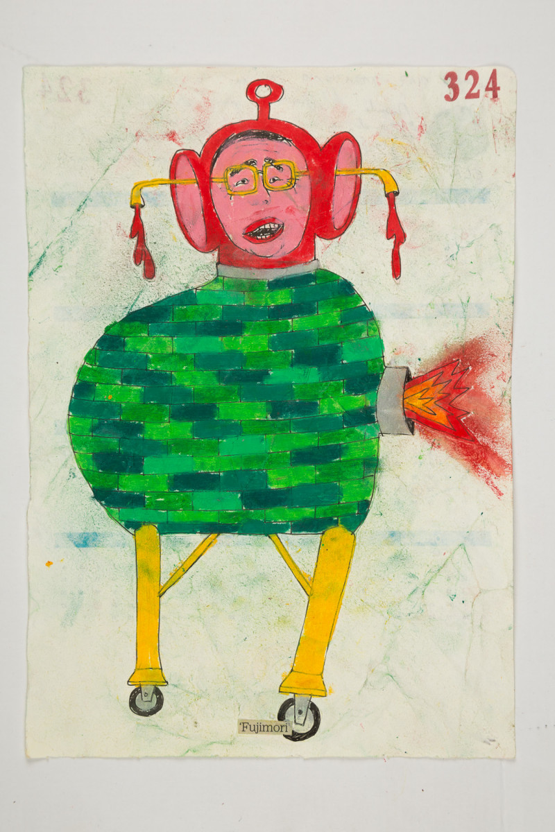 Camilo Restrepo. <em>Fujimori</em>, 2021. Water-soluble wax pastel, ink, tape and saliva on paper 11 3/4 x 8 1/4 inches (29.8 x 21 cm)