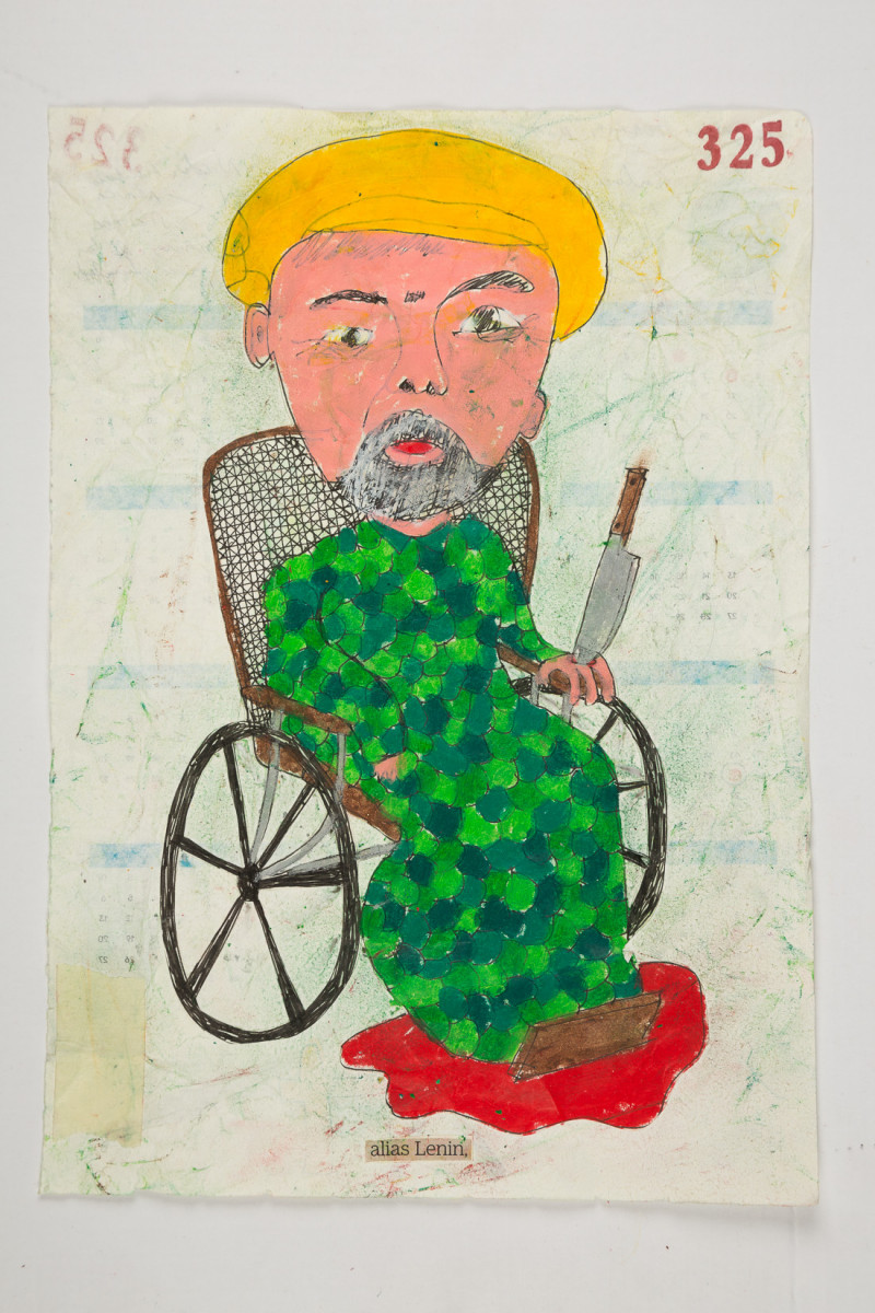 Camilo Restrepo. <em>Lenin</em>, 2021. Water-soluble wax pastel, ink, tape and saliva on paper 11 3/4 x 8 1/4 inches (29.8 x 21 cm)