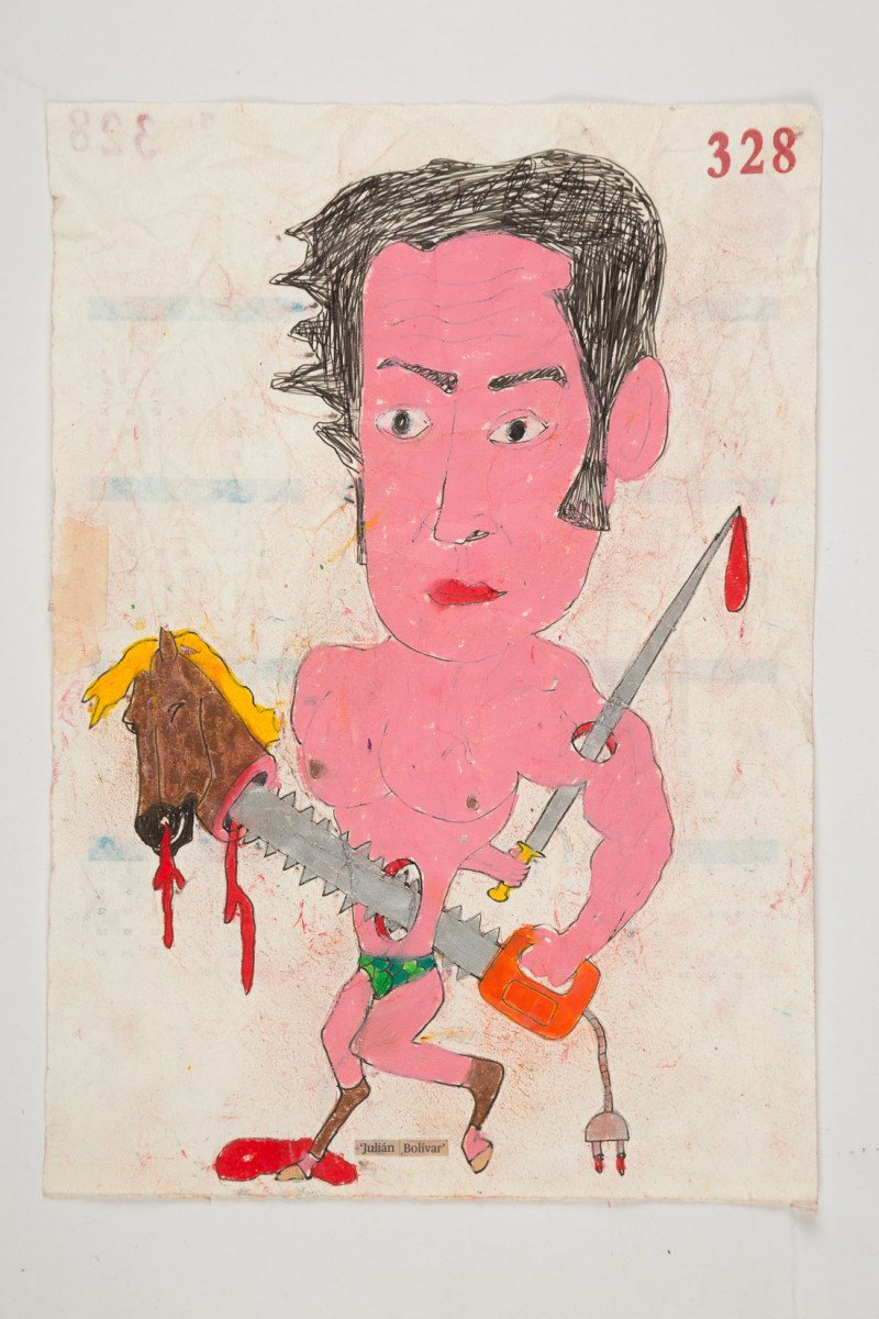 Camilo Restrepo. <em>Juliàn Bolivar</em>, 2021. Water-soluble wax pastel, ink, tape and saliva on paper 11 3/4 x 8 1/4 inches (29.8 x 21 cm)