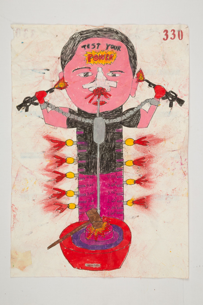 Camilo Restrepo. <em>Menchito</em>, 2021. Water-soluble wax pastel, ink, tape and saliva on paper 11 3/4 x 8 1/4 inches (29.8 x 21 cm)