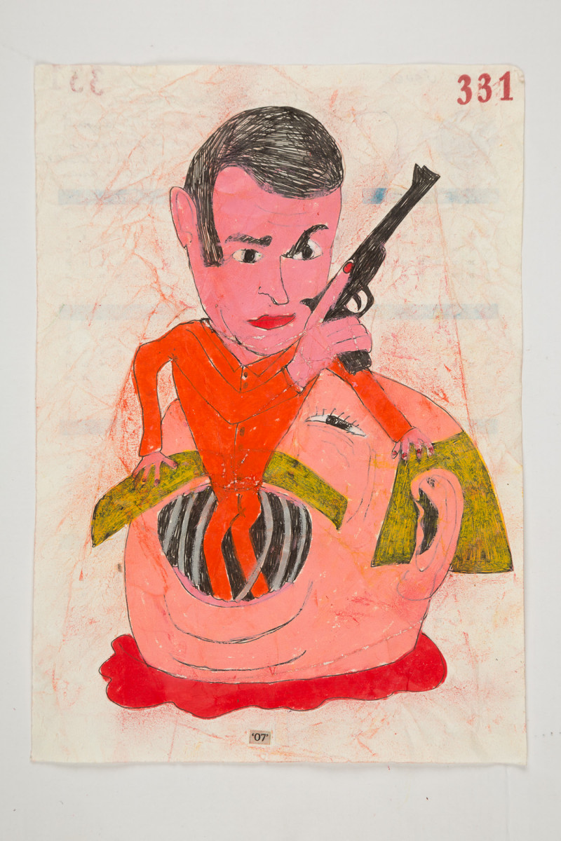 Camilo Restrepo. <em>07</em>, 2021. Water-soluble wax pastel, ink, tape and saliva on paper 11 3/4 x 8 1/4 inches (29.8 x 21 cm)