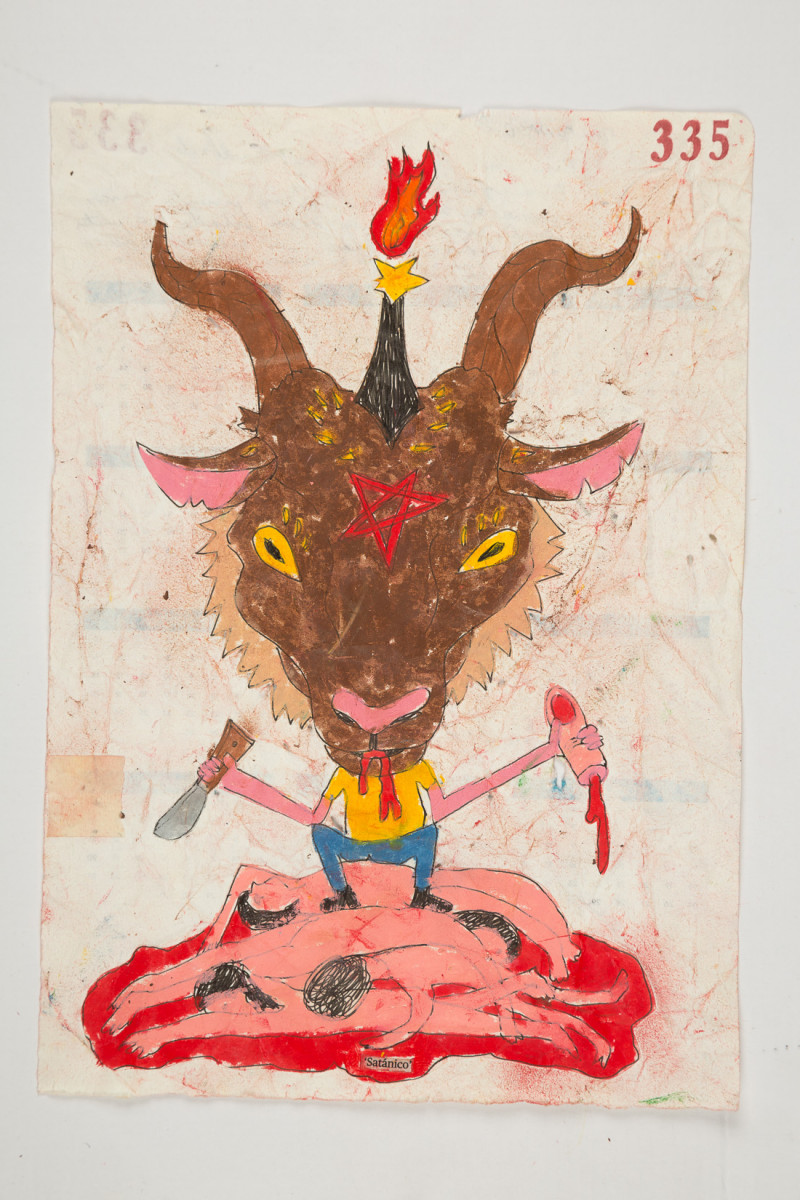 Camilo Restrepo. <em>Satànico</em>, 2021. Water-soluble wax pastel, ink, tape and saliva on paper 11 3/4 x 8 1/4 inches (29.8 x 21 cm)