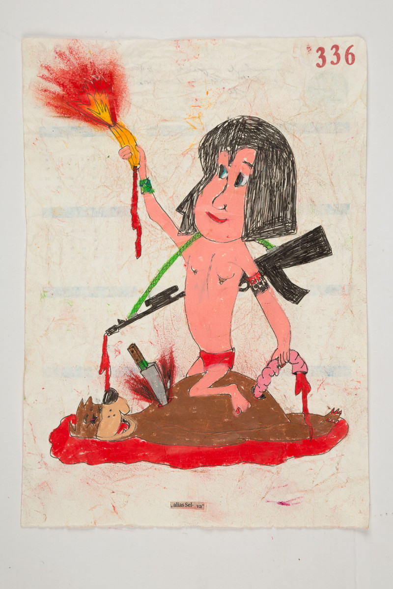 Camilo Restrepo. <em>Selva</em>, 2021. Water-soluble wax pastel, ink, tape and saliva on paper 11 3/4 x 8 1/4 inches (29.8 x 21 cm)