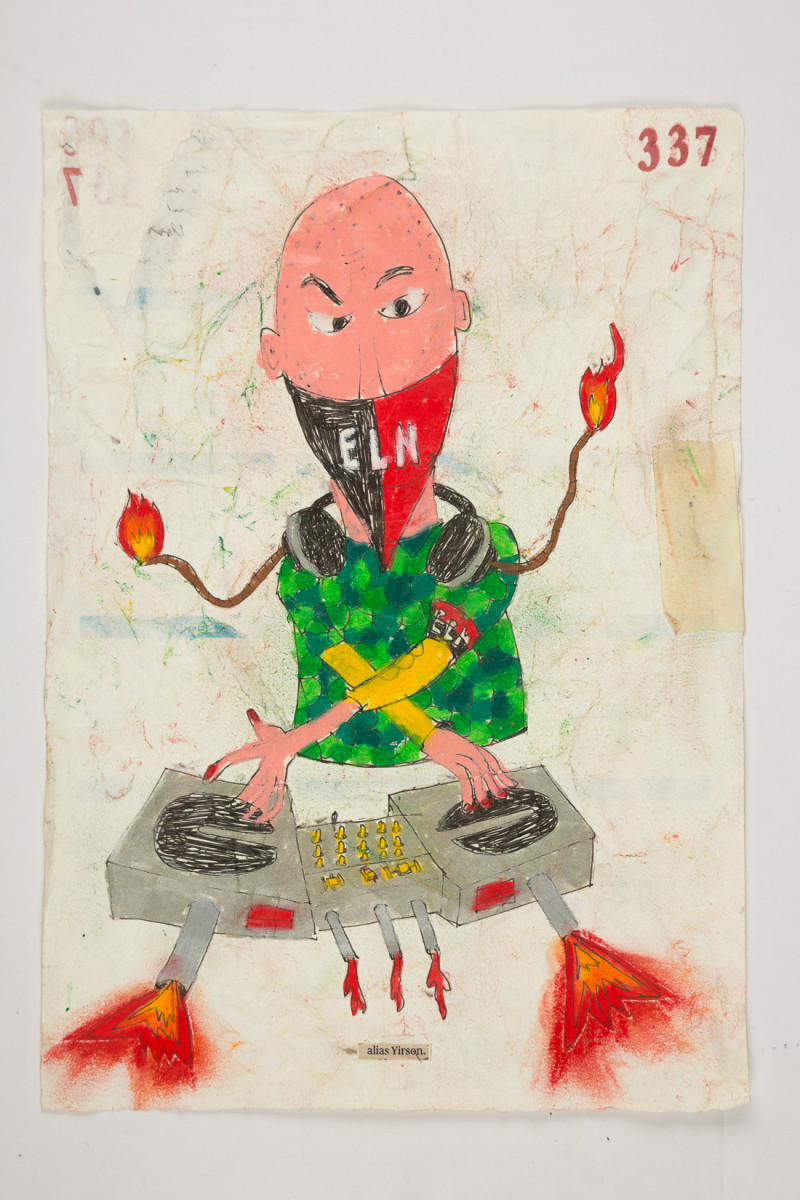 Camilo Restrepo. <em>Yirson</em>, 2021. Water-soluble wax pastel, ink, tape and saliva on paper 11 3/4 x 8 1/4 inches (29.8 x 21 cm)