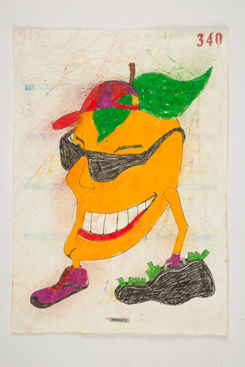 Camilo Restrepo. <em>Manguito</em>, 2021. Water-soluble wax pastel, ink, tape and saliva on paper 11 3/4 x 8 1/4 inches (29.8 x 21 cm)