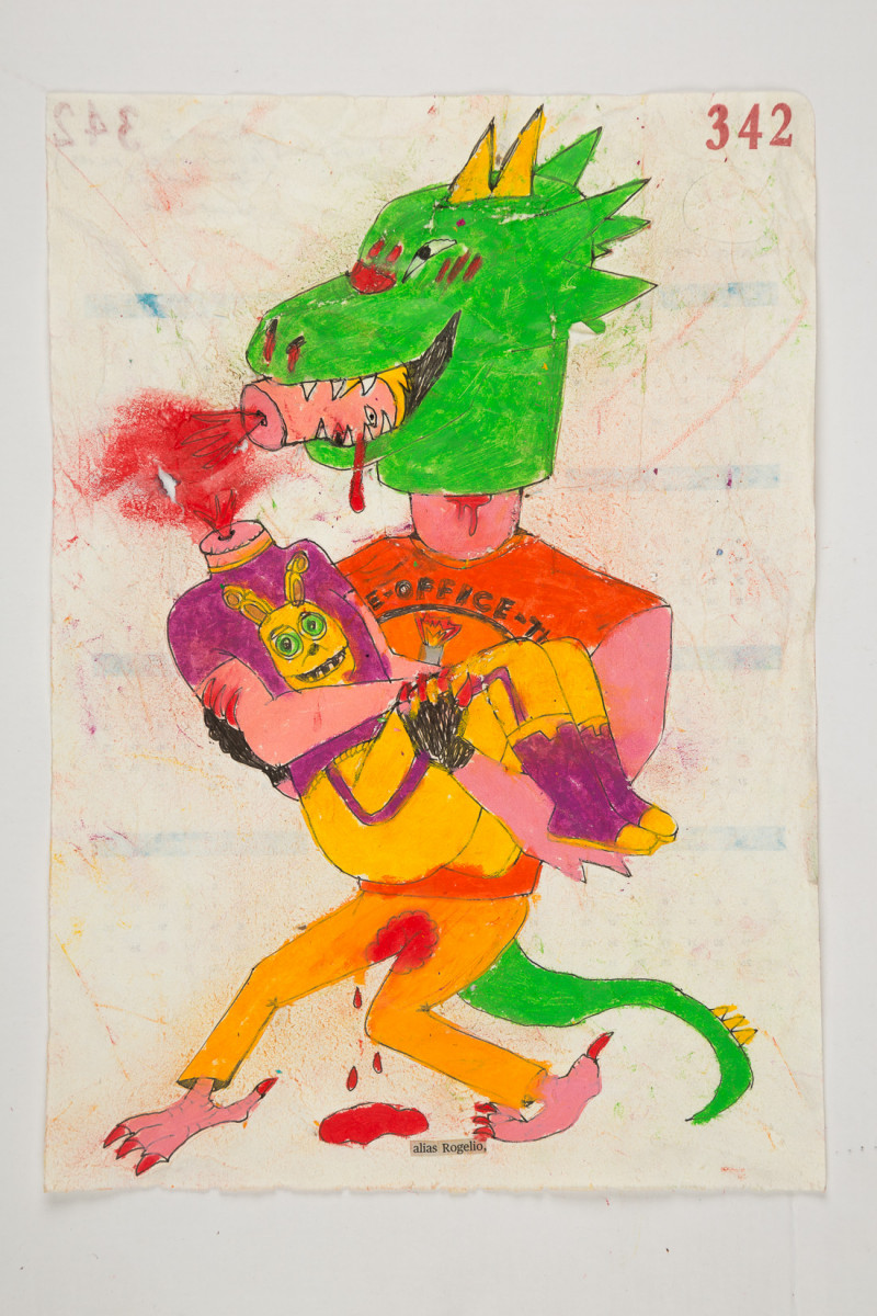 Camilo Restrepo. <em>Rogelio</em>, 2021. Water-soluble wax pastel, ink, tape and saliva on paper 11 3/4 x 8 1/4 inches (29.8 x 21 cm)