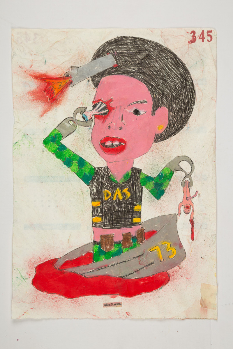 Camilo Restrepo. <em>Karina</em>, 2021. Water-soluble wax pastel, ink, tape and saliva on paper 11 3/4 x 8 1/4 inches (29.8 x 21 cm)
