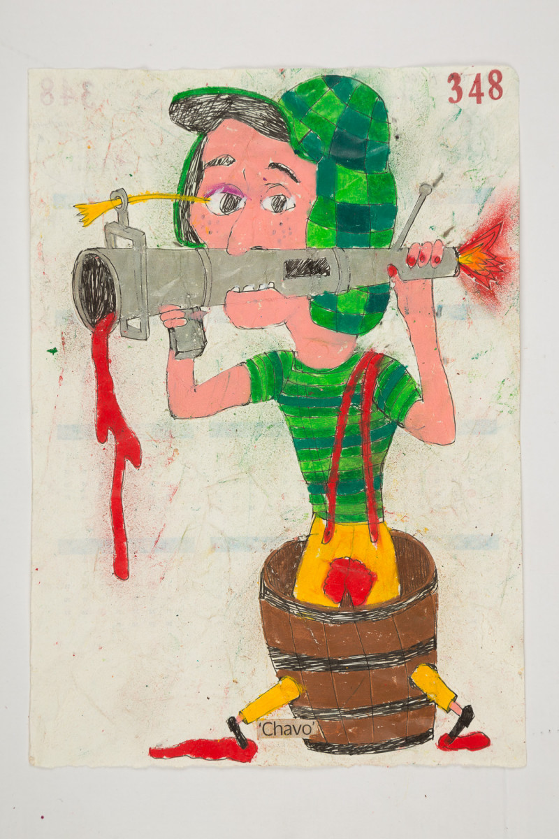Camilo Restrepo. <em>Chavo</em>, 2021. Water-soluble wax pastel, ink, tape and saliva on paper 11 3/4 x 8 1/4 inches (29.8 x 21 cm)