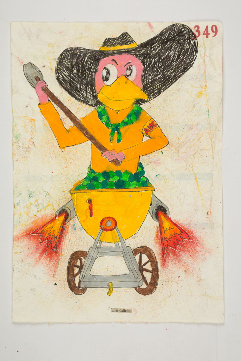 Camilo Restrepo. <em>Caliche</em>, 2021. Water-soluble wax pastel, ink, tape and saliva on paper 11 3/4 x 8 1/4 inches (29.8 x 21 cm)