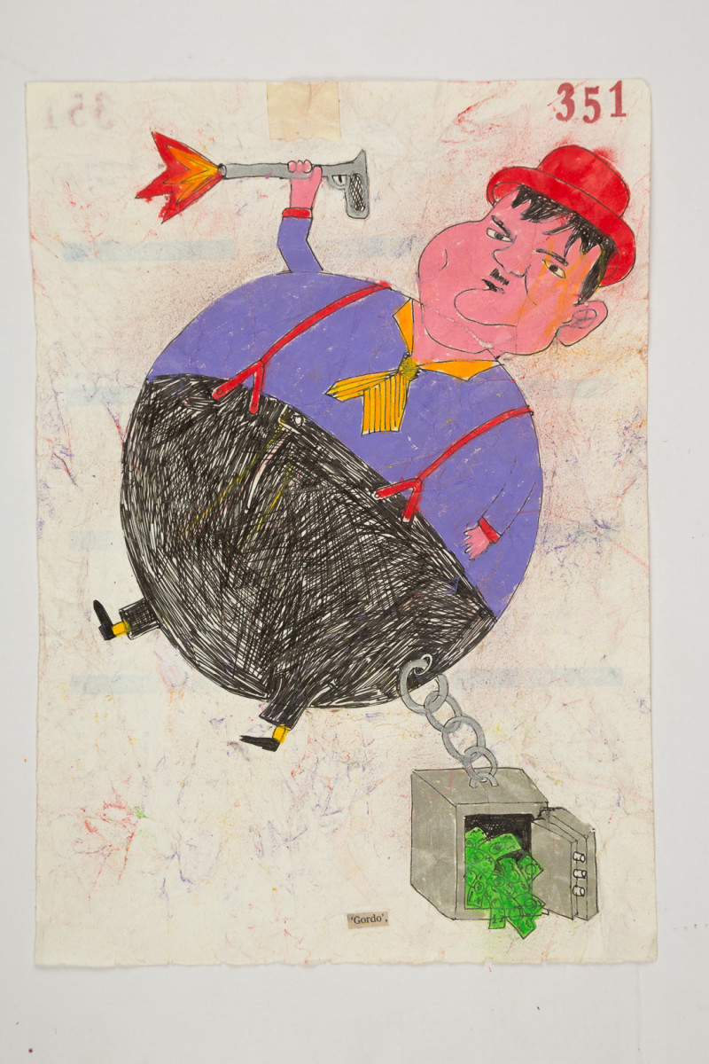 Camilo Restrepo. <em>Gordo</em>, 2021. Water-soluble wax pastel, ink, tape and saliva on paper 11 3/4 x 8 1/4 inches (29.8 x 21 cm)