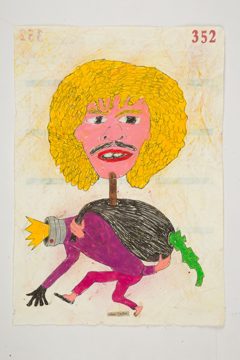 Camilo Restrepo. <em>Carlos</em>, 2021. Water-soluble wax pastel, ink, tape and saliva on paper 11 3/4 x 8 1/4 inches (29.8 x 21 cm)