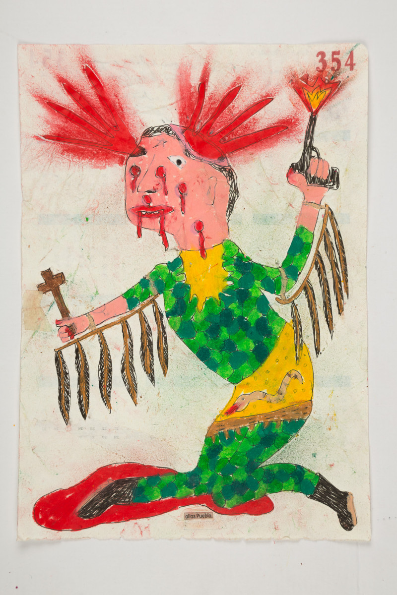 Camilo Restrepo. <em>Pueblo</em>, 2021. Water-soluble wax pastel, ink, tape and saliva on paper 11 3/4 x 8 1/4 inches (29.8 x 21 cm)