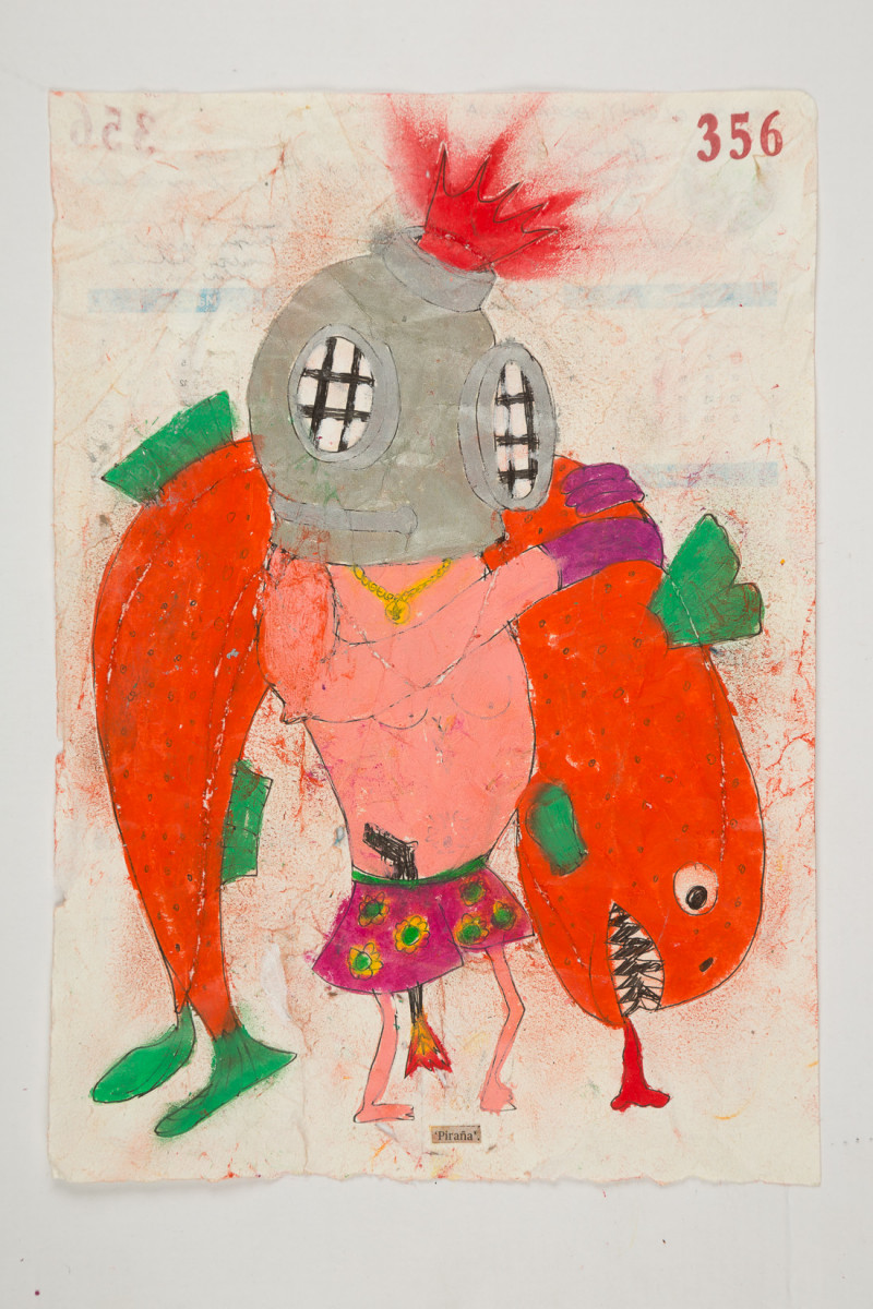 Camilo Restrepo. <em>Piraña</em>, 2021. Water-soluble wax pastel, ink, tape and saliva on paper 11 3/4 x 8 1/4 inches (29.8 x 21 cm)