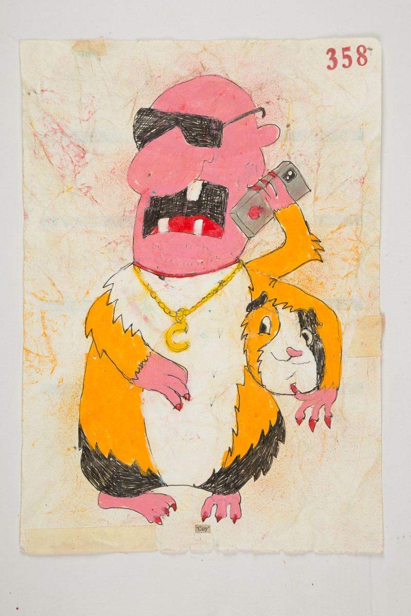 Camilo Restrepo. <em>Cuy</em>, 2021. Water-soluble wax pastel, ink, tape and saliva on paper 11 3/4 x 8 1/4 inches (29.8 x 21 cm)