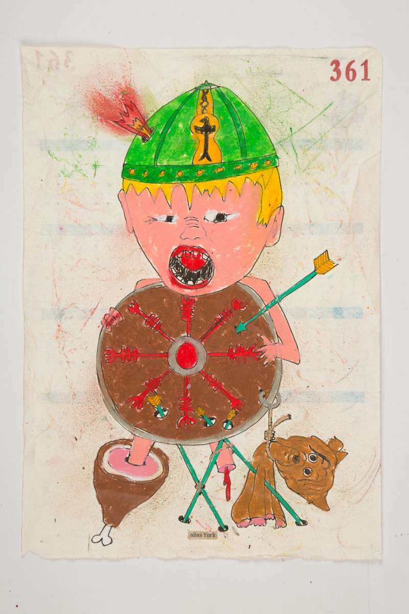 Camilo Restrepo. <em>York</em>, 2021. Water-soluble wax pastel, ink, tape and saliva on paper 11 3/4 x 8 1/4 inches (29.8 x 21 cm)