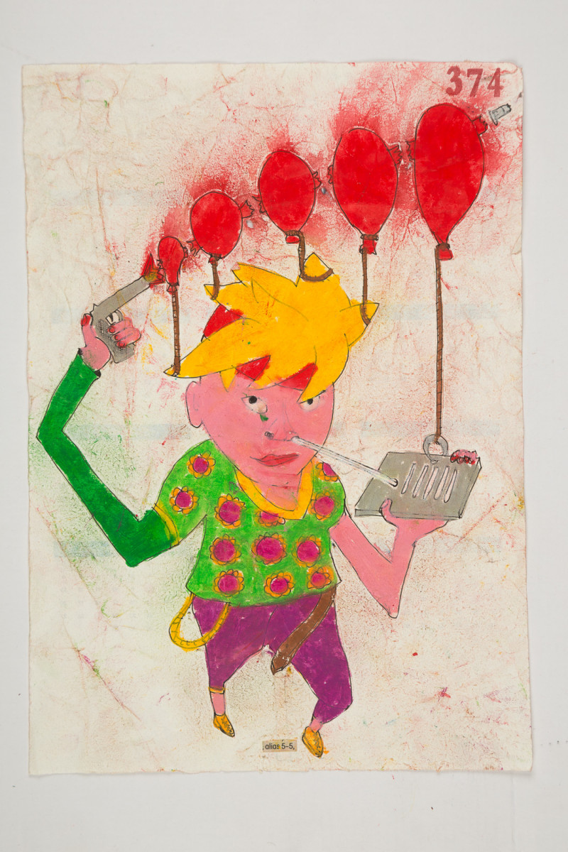 Camilo Restrepo. <em>5-5</em>, 2021. Water-soluble wax pastel, ink, tape and saliva on paper 11 3/4 x 8 1/4 inches (29.8 x 21 cm)