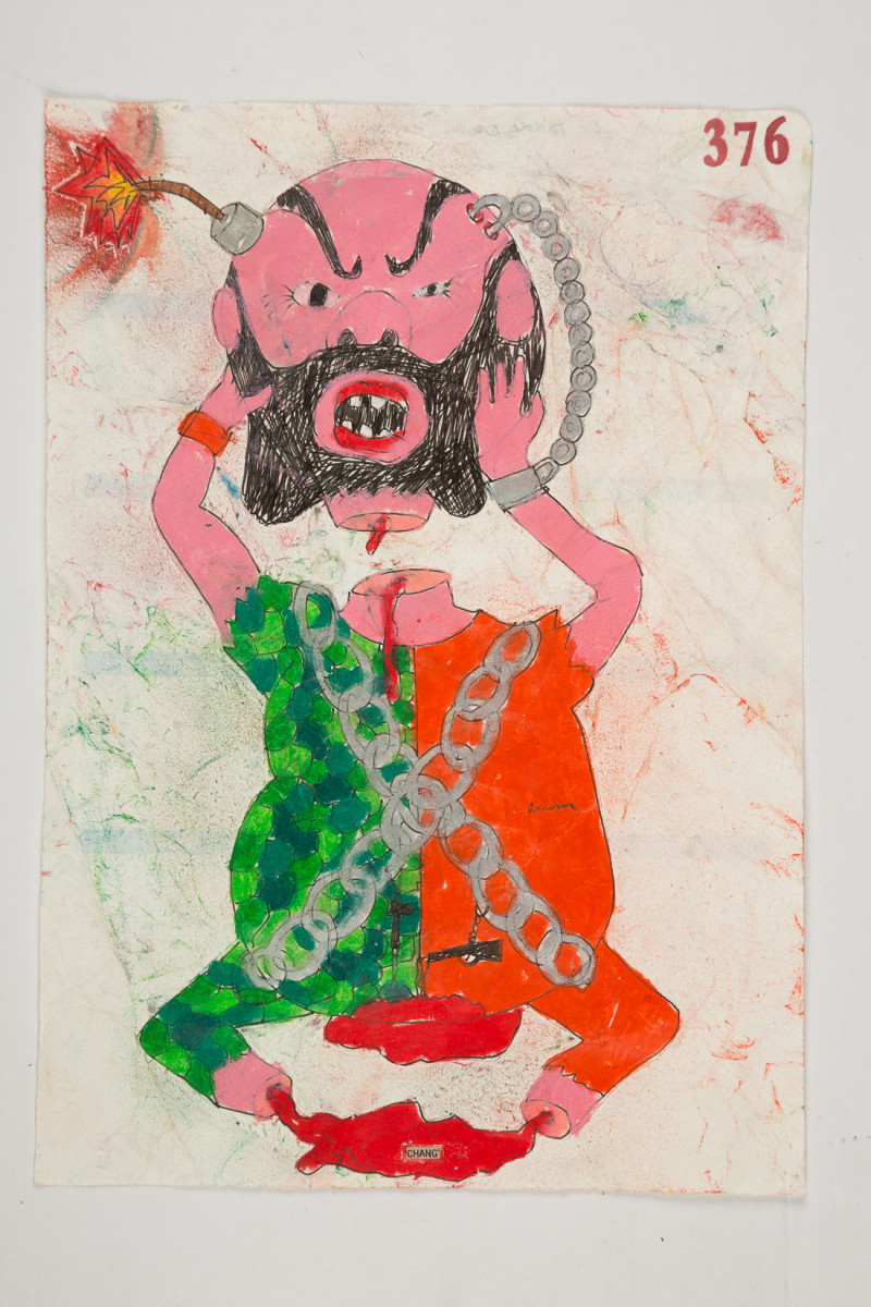 Camilo Restrepo. <em>Chang</em>, 2021. Water-soluble wax pastel, ink, tape and saliva on paper 11 3/4 x 8 1/4 inches (29.8 x 21 cm)