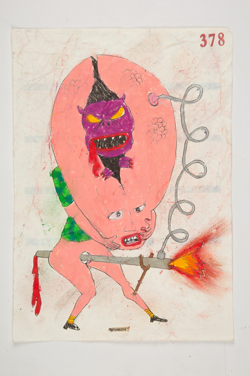 Camilo Restrepo. <em>Cabezòn</em>, 2021. Water-soluble wax pastel, ink, tape and saliva on paper 11 3/4 x 8 1/4 inches (29.8 x 21 cm)