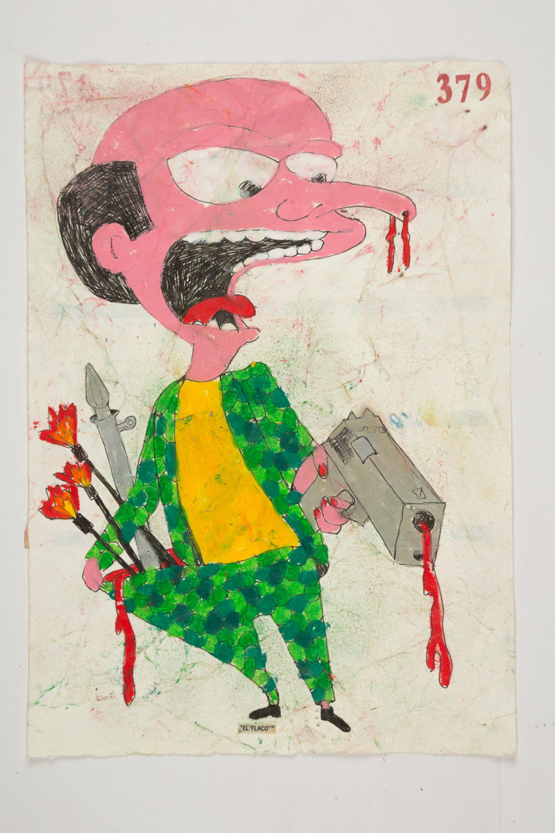 Camilo Restrepo. <em>Flaco</em>, 2021. Water-soluble wax pastel, ink, tape and saliva on paper 11 3/4 x 8 1/4 inches (29.8 x 21 cm)