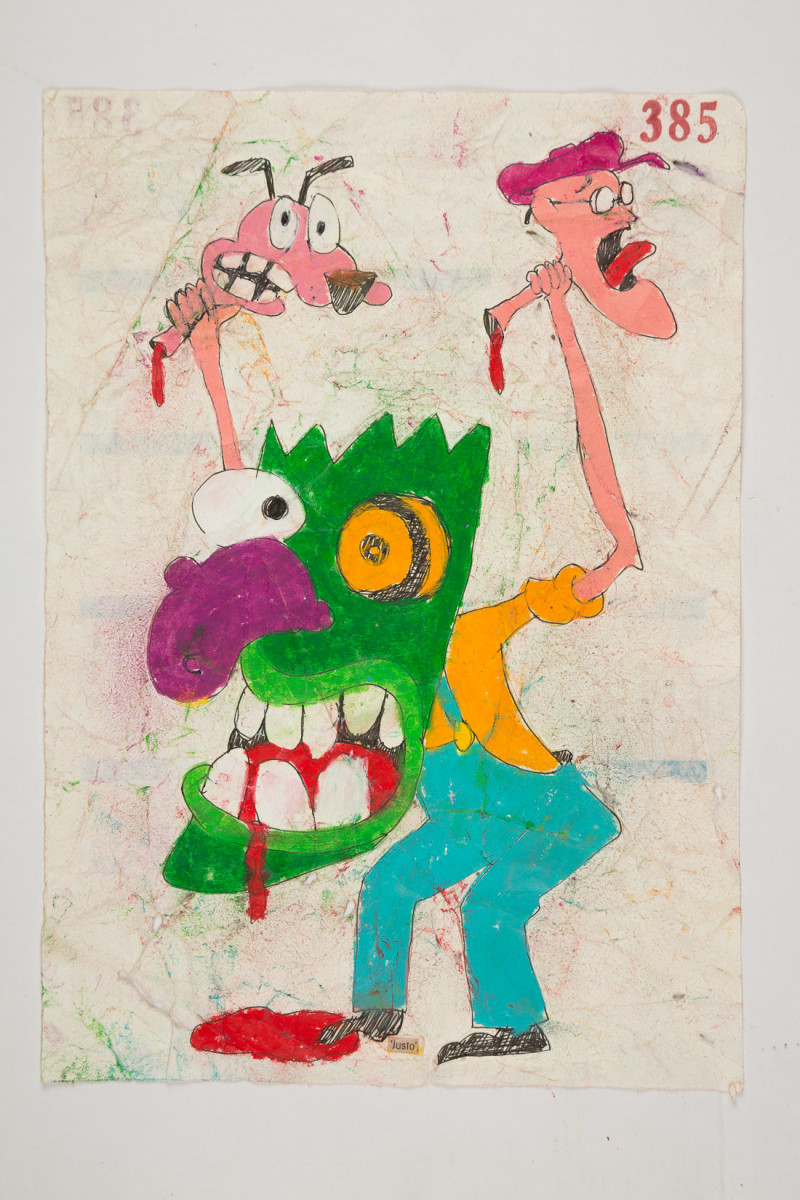 Camilo Restrepo. <em>Justo</em>, 2021. Water-soluble wax pastel, ink, tape and saliva on paper 11 3/4 x 8 1/4 inches (29.8 x 21 cm)