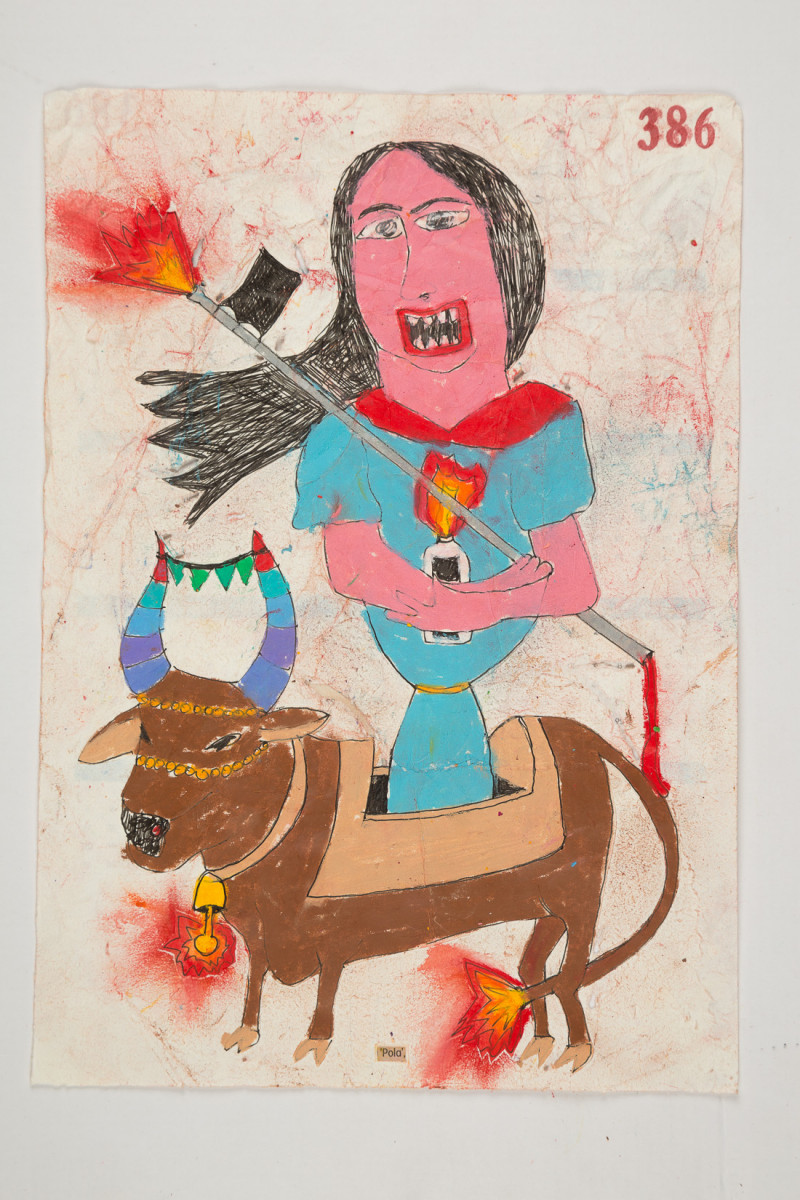 Camilo Restrepo. <em>Pola</em>, 2021. Water-soluble wax pastel, ink, tape and saliva on paper 11 3/4 x 8 1/4 inches (29.8 x 21 cm)