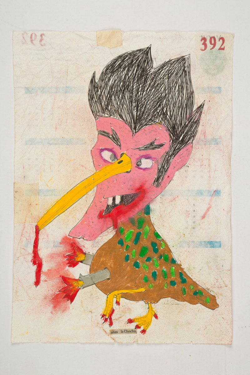 Camilo Restrepo. <em>Chocha</em>, 2021. Water-soluble wax pastel, ink, tape and saliva on paper 11 3/4 x 8 1/4 inches (29.8 x 21 cm)