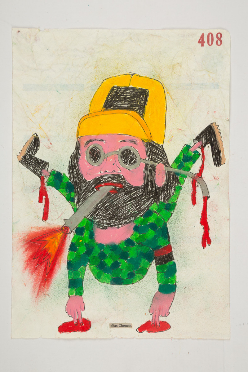 Camilo Restrepo. <em>Chenco (Chencho)</em>, 2021. Water-soluble wax pastel, ink, tape and saliva on paper 11 3/4 x 8 1/4 inches (29.8 x 21 cm)