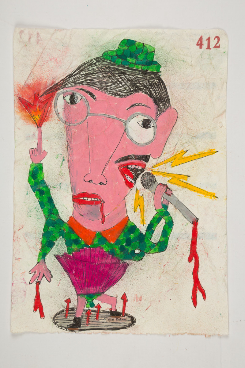 Camilo Restrepo. <em>Rubèn</em>, 2021. Water-soluble wax pastel, ink, tape and saliva on paper 11 3/4 x 8 1/4 inches (29.8 x 21 cm)