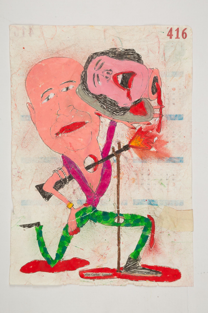 Camilo Restrepo. <em>Carlos Lozada</em>, 2021. Water-soluble wax pastel, ink, tape and saliva on paper 11 3/4 x 8 1/4 inches (29.8 x 21 cm)