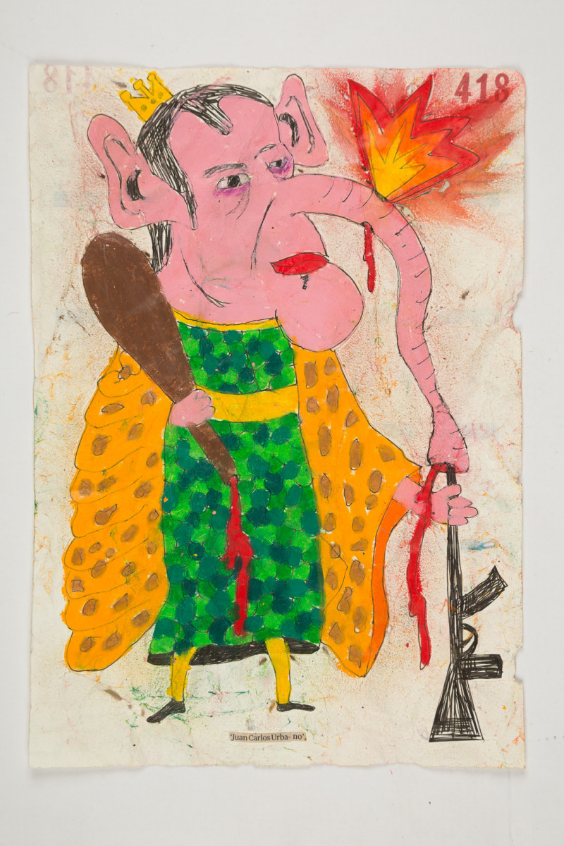 Camilo Restrepo. <em>Juan Carlos Urbano</em>, 2021. Water-soluble wax pastel, ink, tape and saliva on paper 11 3/4 x 8 1/4 inches (29.8 x 21 cm)