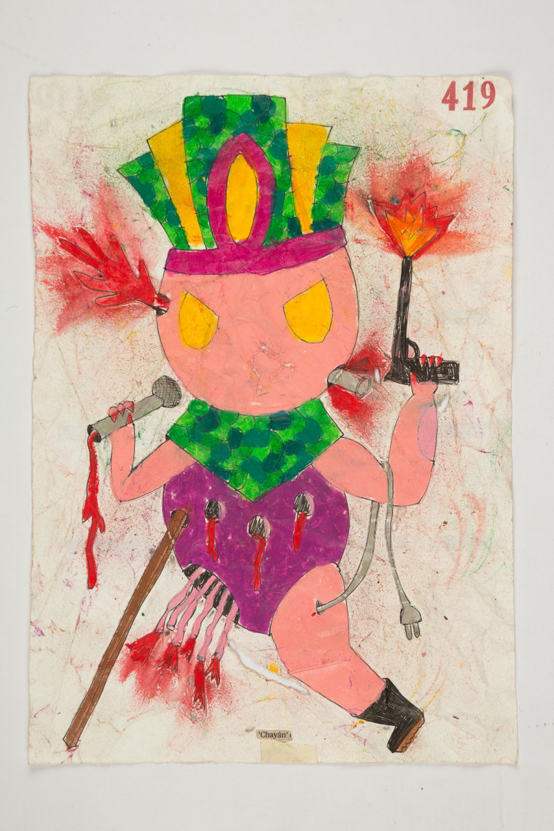 Camilo Restrepo. <em>Chayàn</em>, 2021. Water-soluble wax pastel, ink, tape and saliva on paper 11 3/4 x 8 1/4 inches (29.8 x 21 cm)