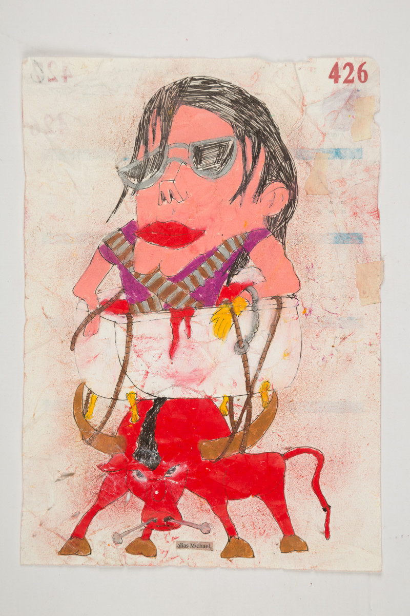 Camilo Restrepo. <em>Michael</em>, 2021. Water-soluble wax pastel, ink, tape and saliva on paper 11 3/4 x 8 1/4 inches (29.8 x 21 cm)