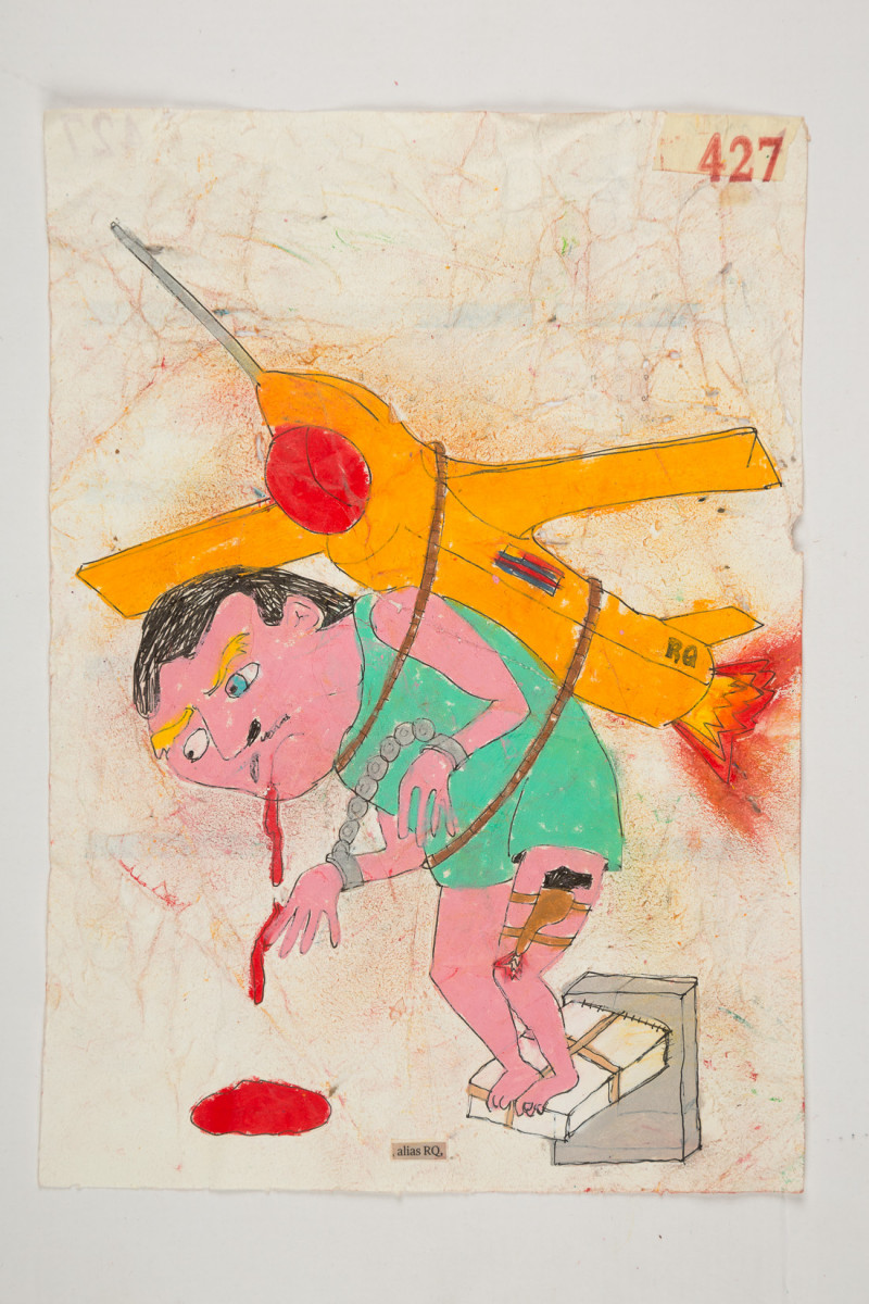 Camilo Restrepo. <em>RQ</em>, 2021. Water-soluble wax pastel, ink, tape and saliva on paper 11 3/4 x 8 1/4 inches (29.8 x 21 cm)