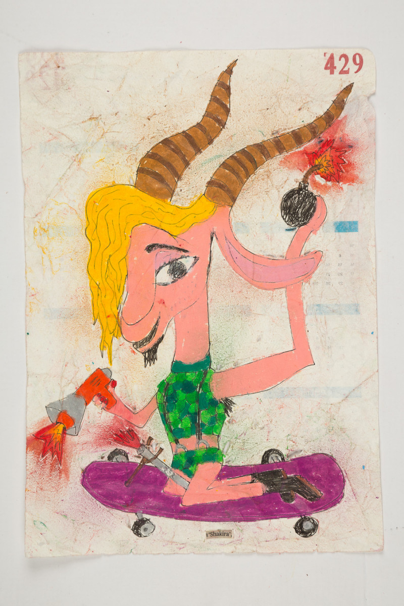 Camilo Restrepo. <em>Shakira</em>, 2021. Water-soluble wax pastel, ink, tape and saliva on paper 11 3/4 x 8 1/4 inches (29.8 x 21 cm)