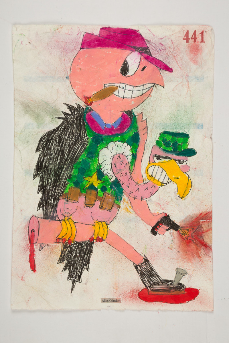 Camilo Restrepo. <em>Còndor</em>, 2021. Water-soluble wax pastel, ink, tape and saliva on paper 11 3/4 x 8 1/4 inches (29.8 x 21 cm)