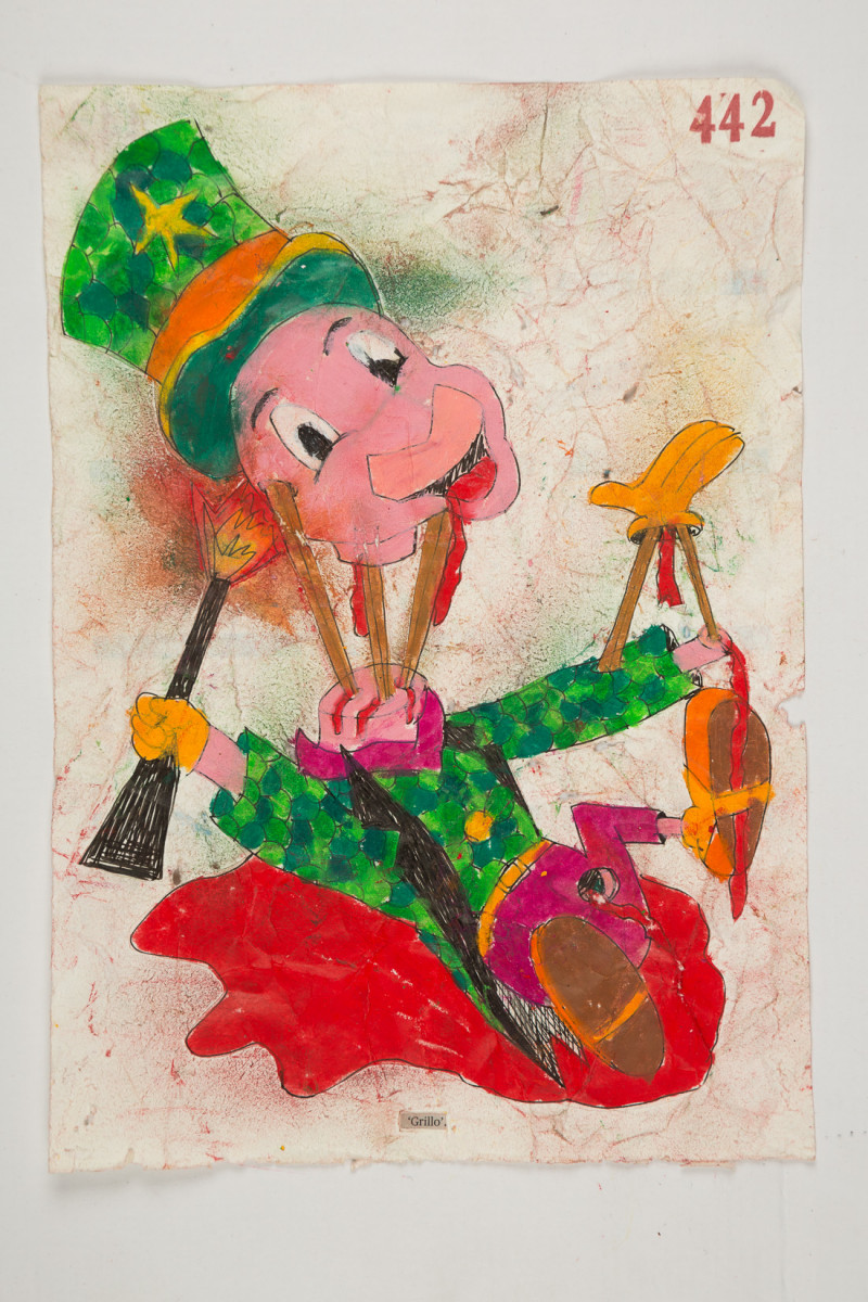Camilo Restrepo. <em>Grillo</em>, 2021. Water-soluble wax pastel, ink, tape and saliva on paper 11 3/4 x 8 1/4 inches (29.8 x 21 cm)