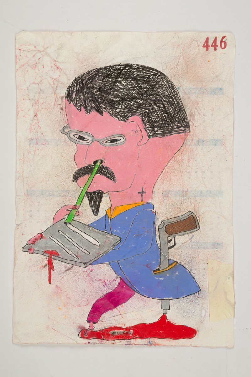 Camilo Restrepo. <em>Carlo</em>, 2021. Water-soluble wax pastel, ink, tape and saliva on paper 11 3/4 x 8 1/4 inches (29.8 x 21 cm)