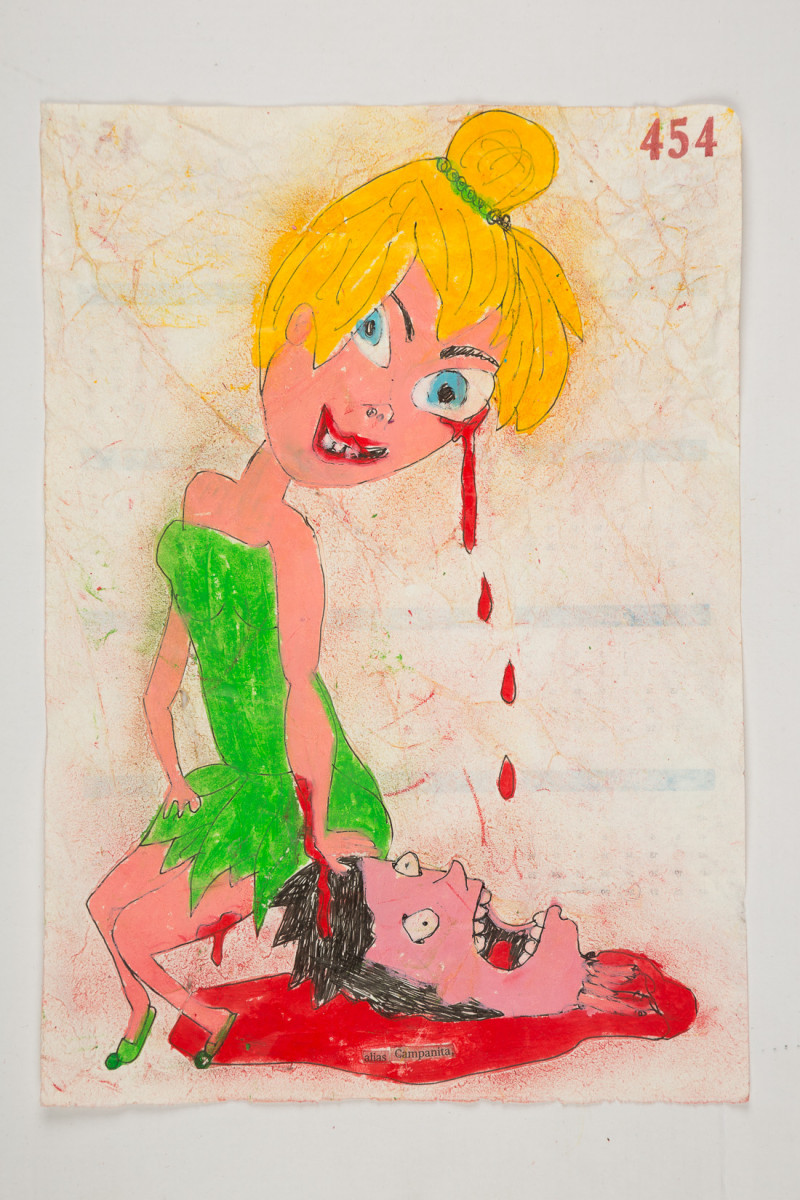 Camilo Restrepo. <em>Campanita</em>, 2021. Water-soluble wax pastel, ink, tape and saliva on paper 11 3/4 x 8 1/4 inches (29.8 x 21 cm)
