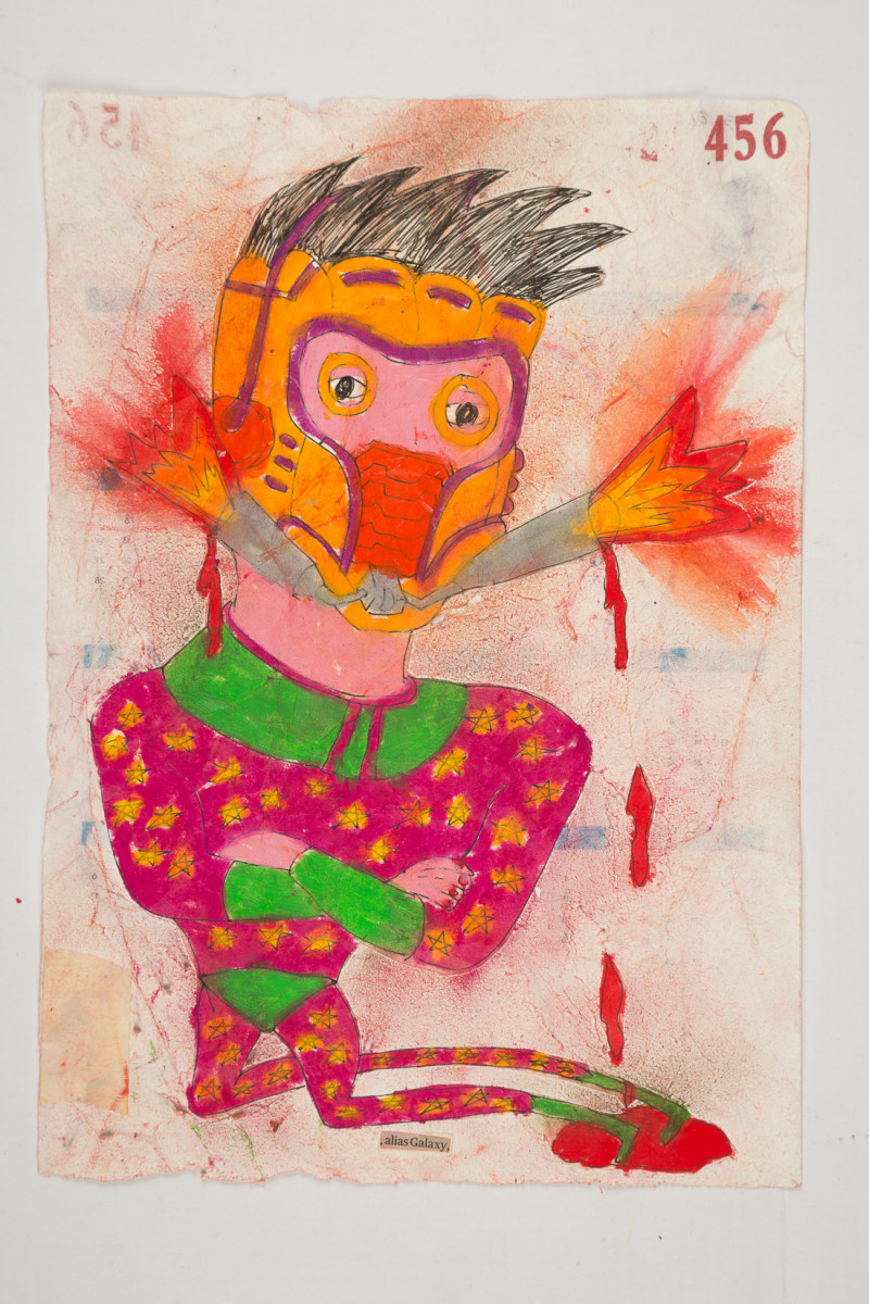 Camilo Restrepo. <em>Galaxy</em>, 2021. Water-soluble wax pastel, ink, tape and saliva on paper 11 3/4 x 8 1/4 inches (29.8 x 21 cm)