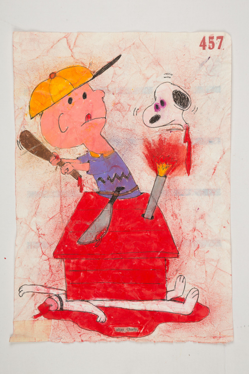 Camilo Restrepo. <em>Charly</em>, 2021. Water-soluble wax pastel, ink, tape and saliva on paper 11 3/4 x 8 1/4 inches (29.8 x 21 cm)