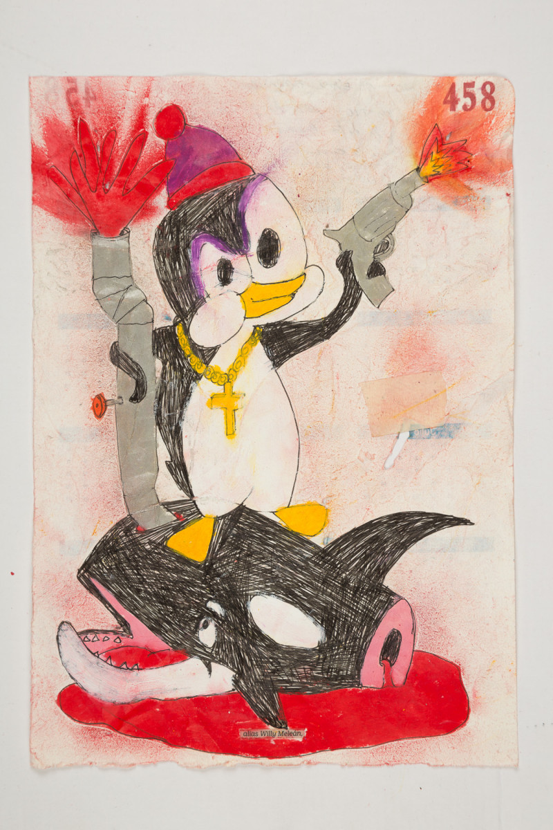 Camilo Restrepo. <em>Willy Meleàn</em>, 2021. Water-soluble wax pastel, ink, tape and saliva on paper 11 3/4 x 8 1/4 inches (29.8 x 21 cm)