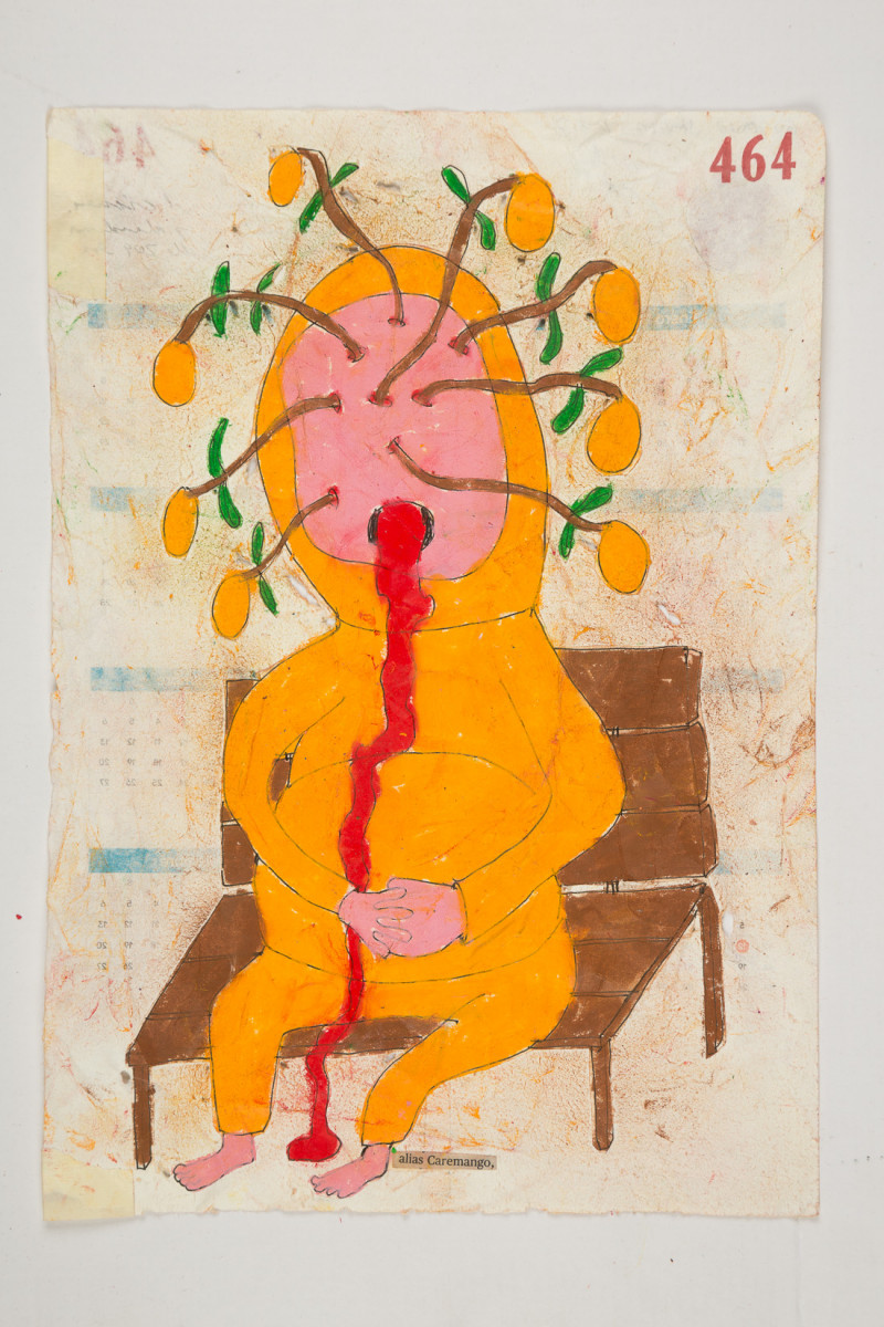 Camilo Restrepo. <em>Caremango</em>, 2021. Water-soluble wax pastel, ink, tape and saliva on paper 11 3/4 x 8 1/4 inches (29.8 x 21 cm)