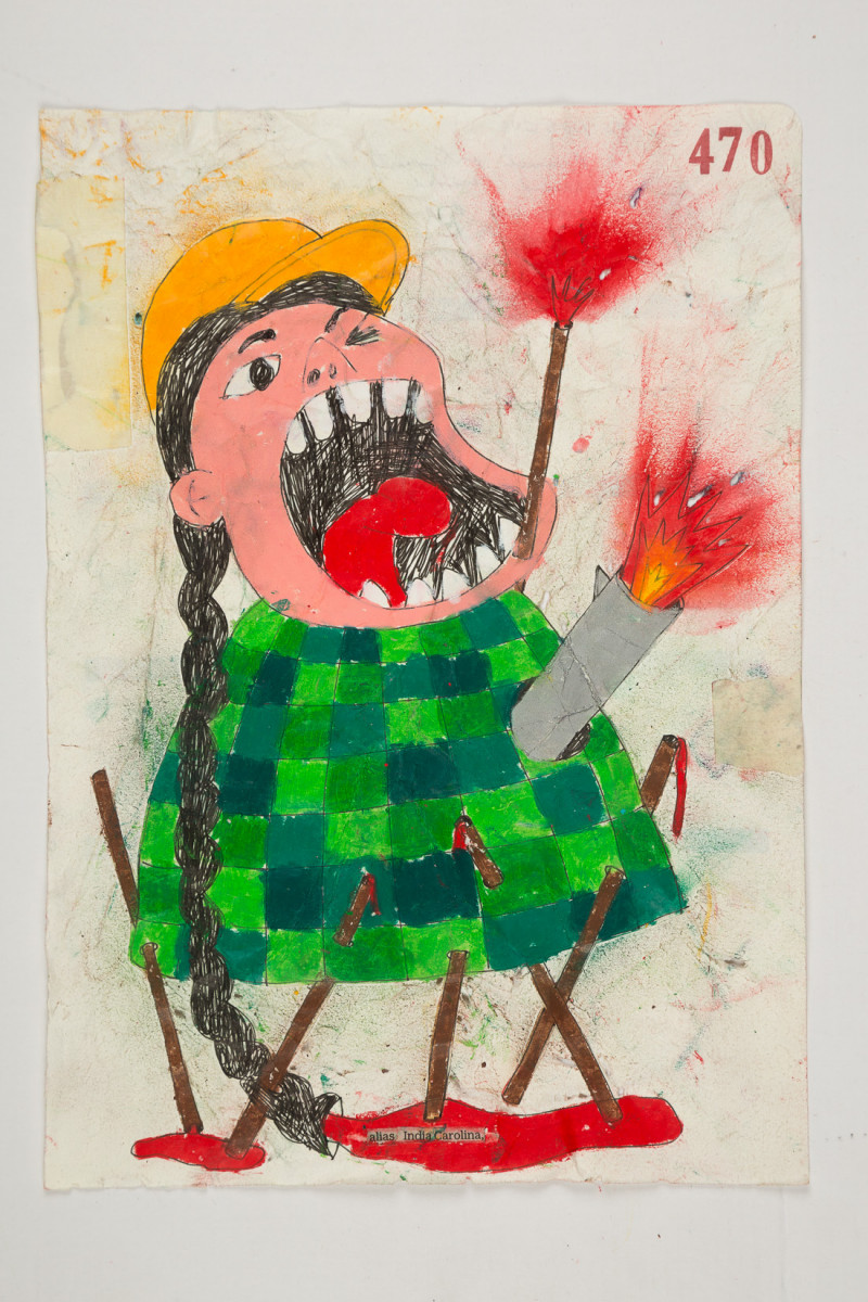 Camilo Restrepo. <em>India Carolina</em>, 2021. Water-soluble wax pastel, ink, tape and saliva on paper 11 3/4 x 8 1/4 inches (29.8 x 21 cm)