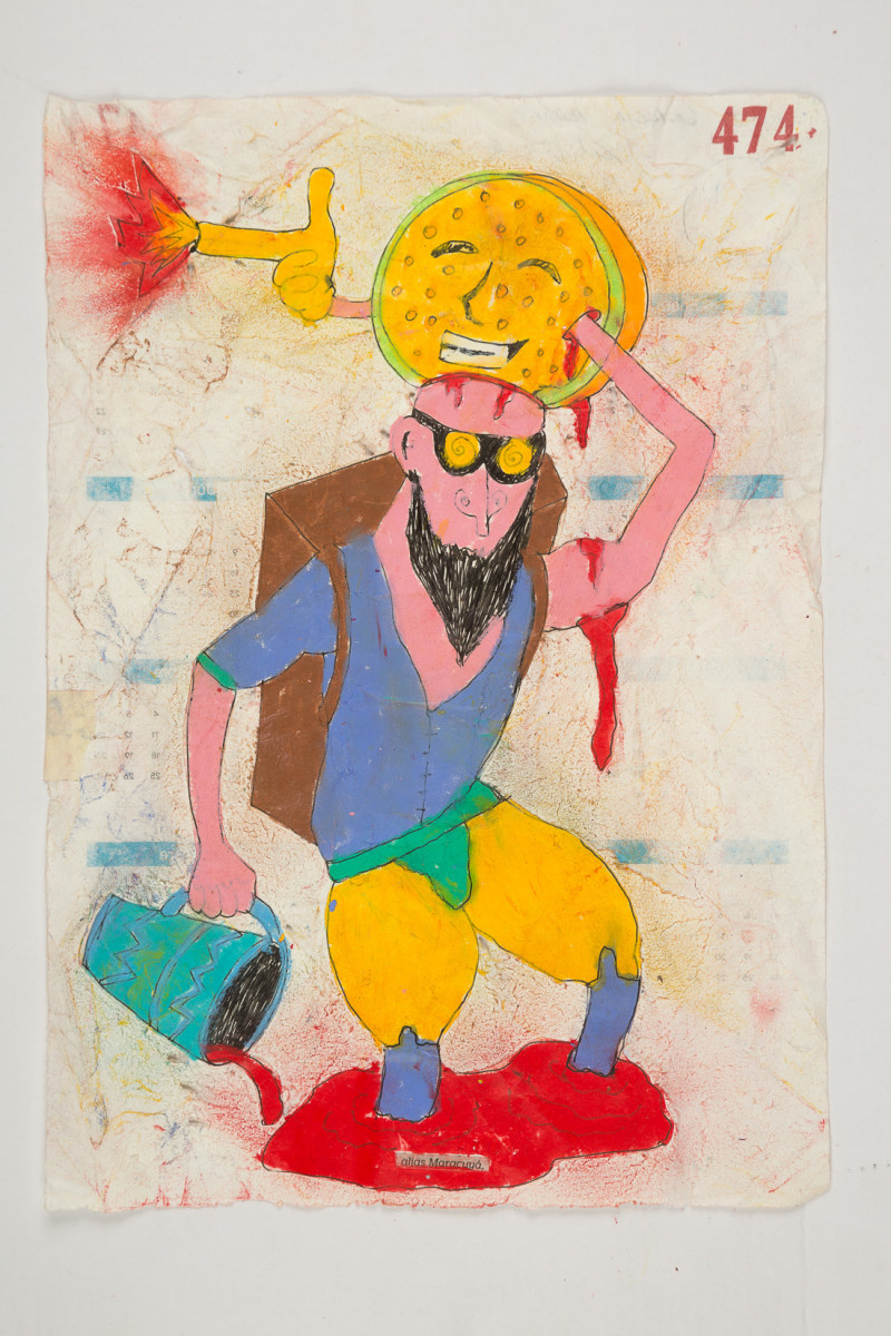 Camilo Restrepo. <em>Maracuyà</em>, 2021. Water-soluble wax pastel, ink, tape and saliva on paper 11 3/4 x 8 1/4 inches (29.8 x 21 cm)